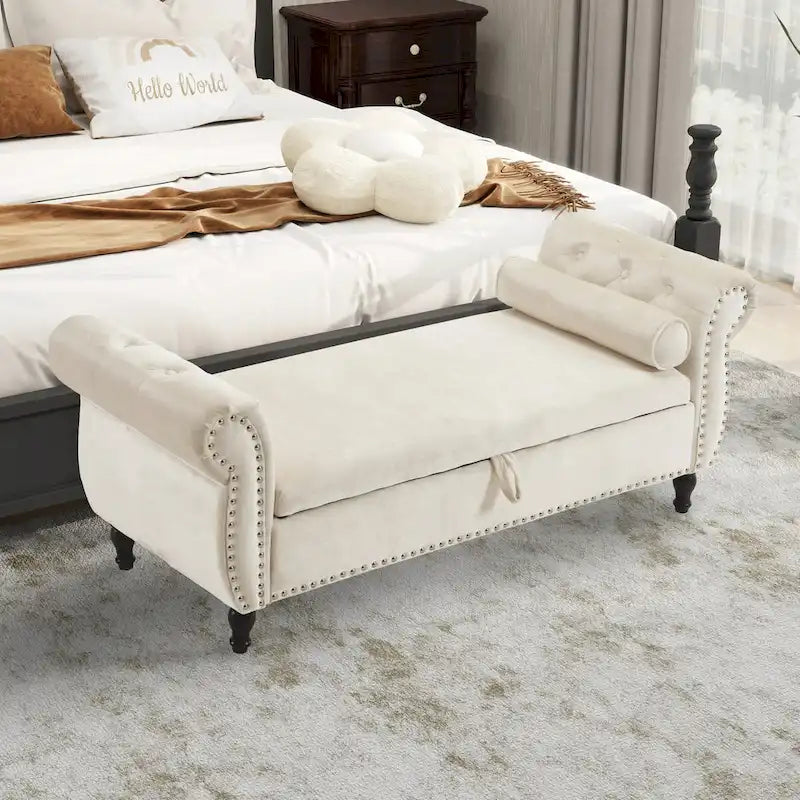 Velvet Storage Rectangular Bench With 1 Pillow,Ottoman For Living Rooms And Entryway