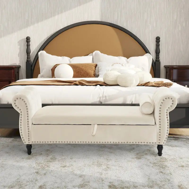 Velvet Storage Rectangular Bench With 1 Pillow,Ottoman For Living Rooms And Entryway