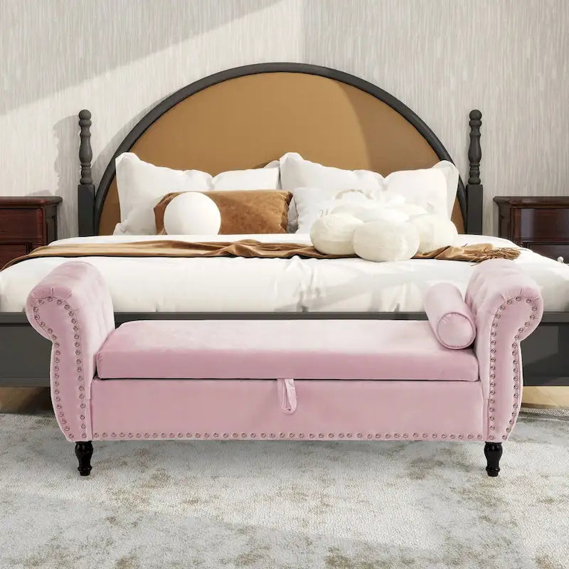 Velvet Storage Rectangular Bench With 1 Pillow,Ottoman For Living Rooms And Entryway