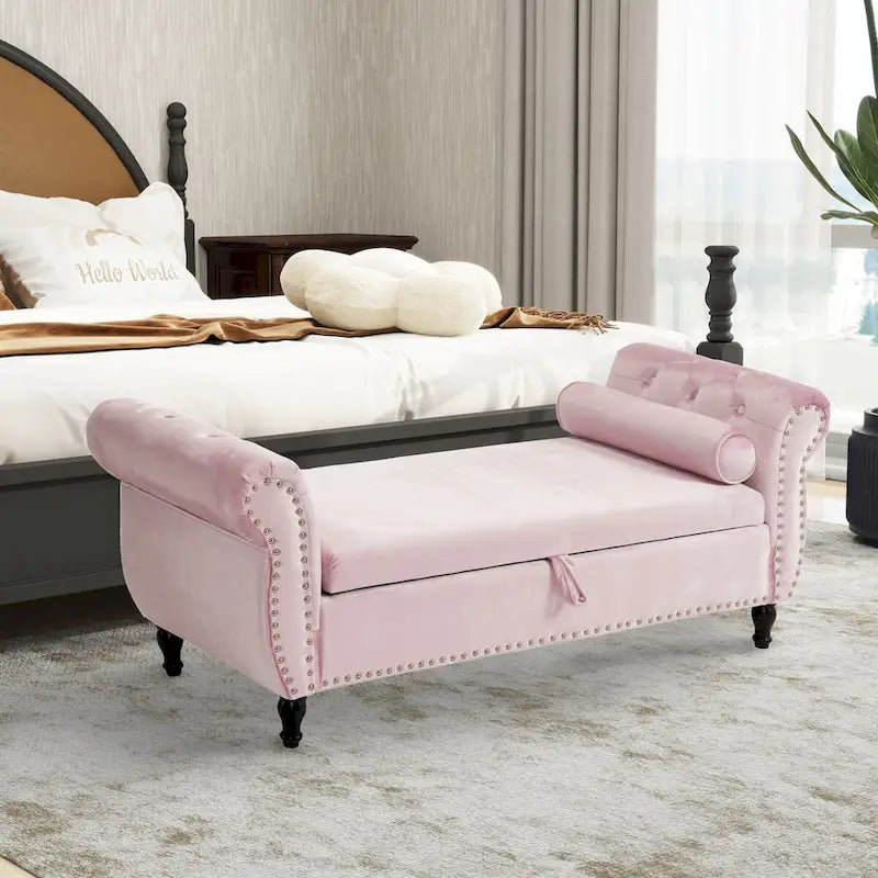 Velvet Storage Rectangular Bench With 1 Pillow,Ottoman For Living Rooms And Entryway