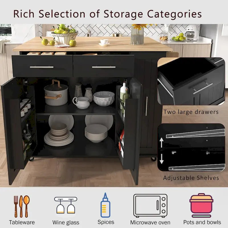 Kitchen Island with Drop Leaf,Kitchen Storage Cart with 3 Tier Pull Out Cabinet Organizer
