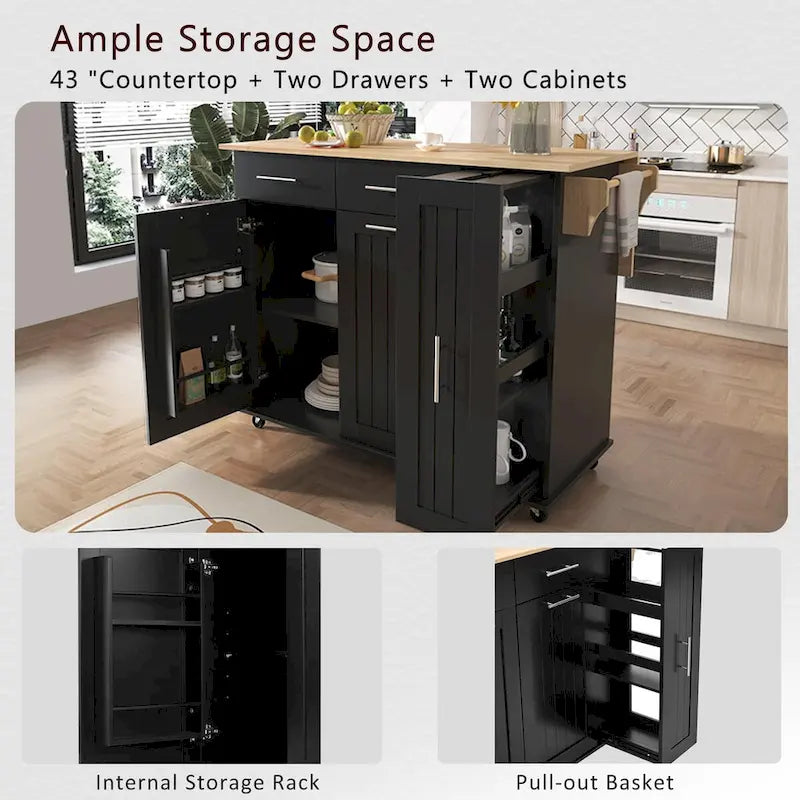 Kitchen Island with Drop Leaf,Kitchen Storage Cart with 3 Tier Pull Out Cabinet Organizer
