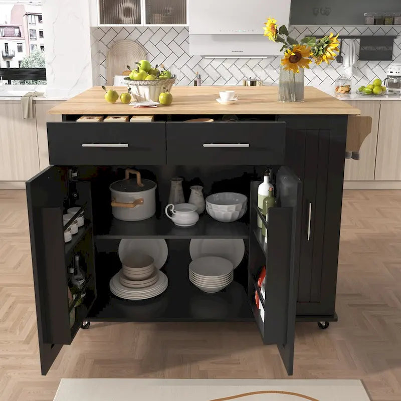 Kitchen Island with Drop Leaf,Kitchen Storage Cart with 3 Tier Pull Out Cabinet Organizer