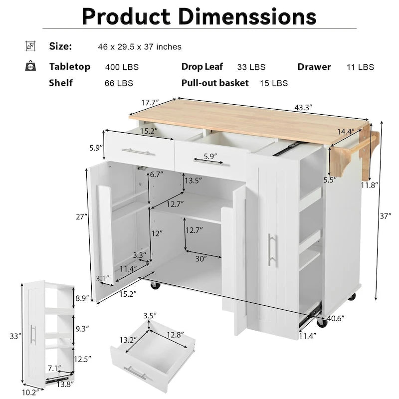 Kitchen Island with Drop Leaf,Kitchen Storage Cart with 3 Tier Pull Out Cabinet Organizer