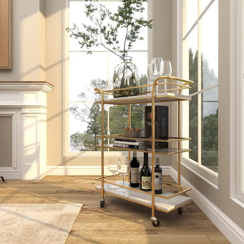 Marble Rolling 1 Glass and 2 Marble Shelves Bar Cart with Handles - Gold - Roche River Decor