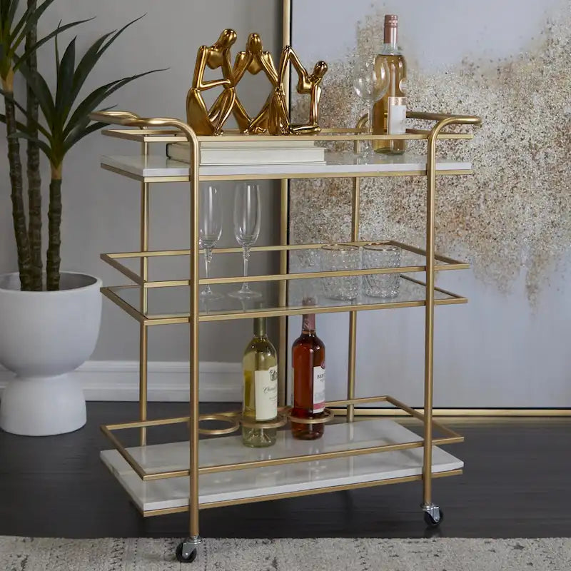 Marble Rolling 1 Glass and 2 Marble Shelves Bar Cart with Handles - Gold - Roche River Decor