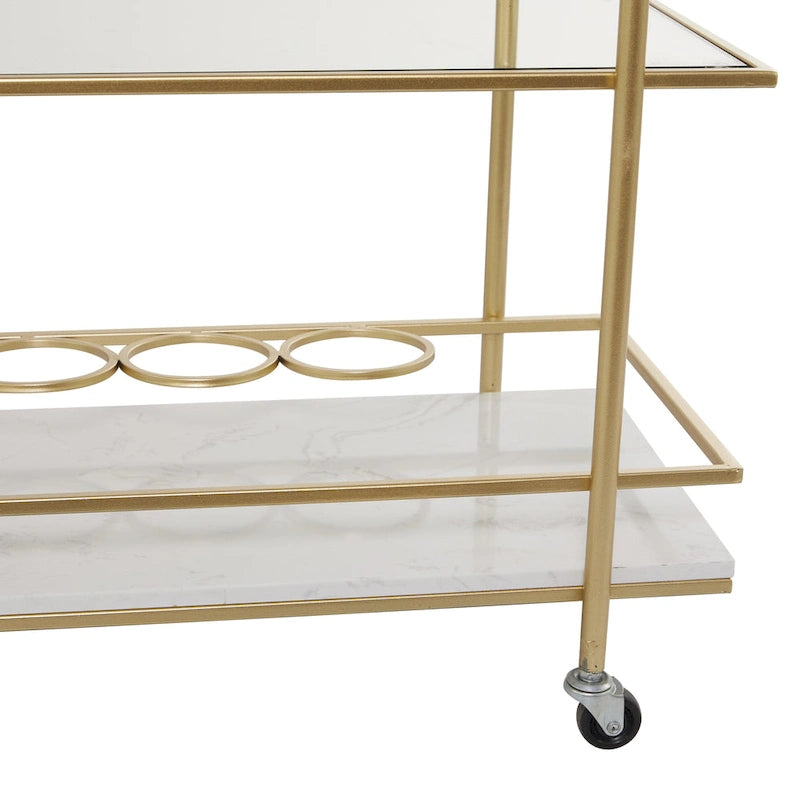 Marble Rolling 1 Glass and 2 Marble Shelves Bar Cart with Handles - Gold - Roche River Decor