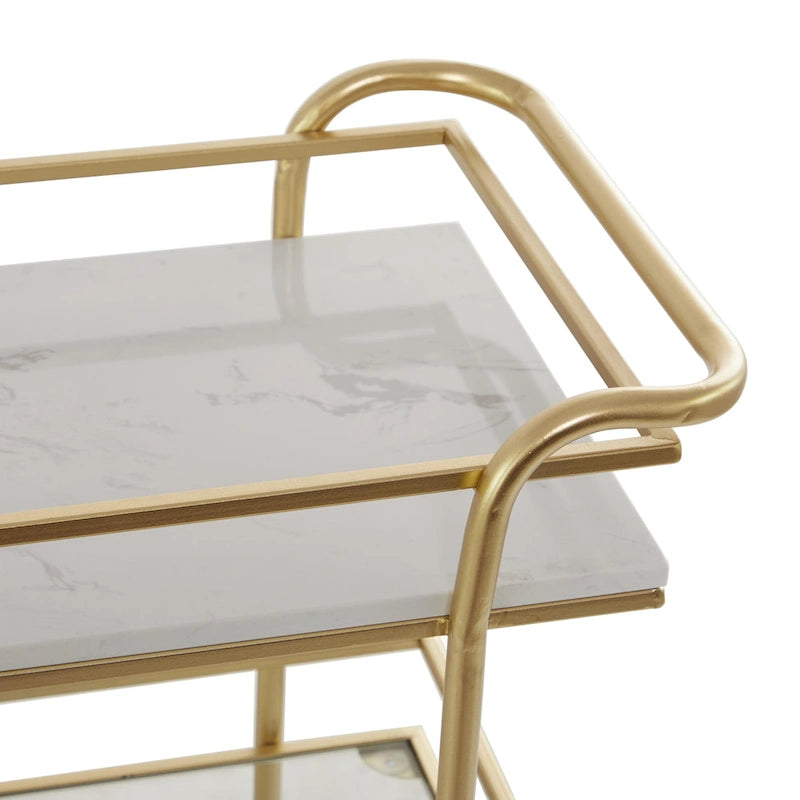 Marble Rolling 1 Glass and 2 Marble Shelves Bar Cart with Handles - Gold - Roche River Decor