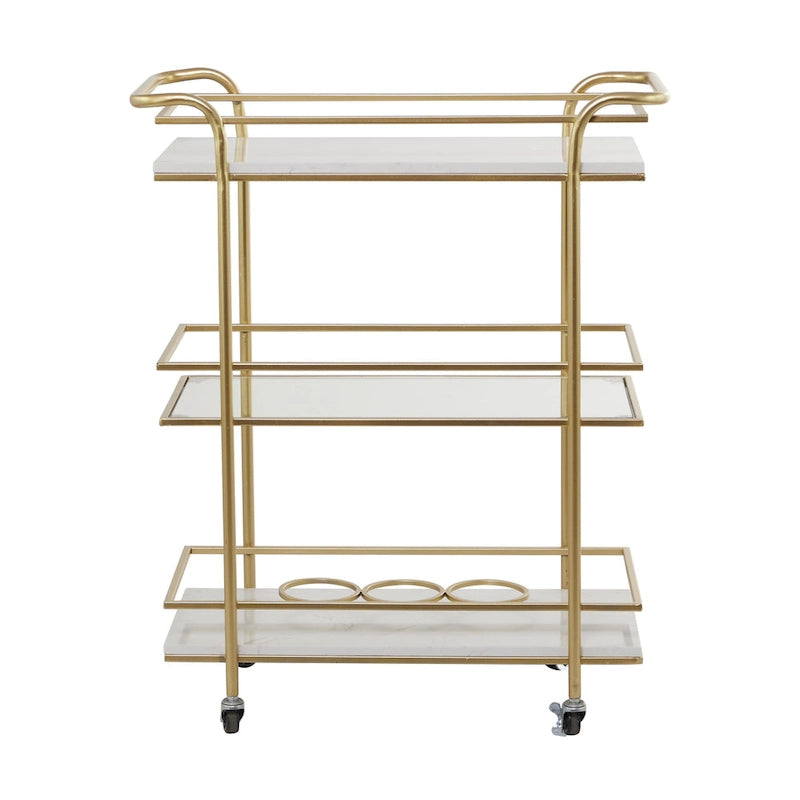 Marble Rolling 1 Glass and 2 Marble Shelves Bar Cart with Handles - Gold - Roche River Decor