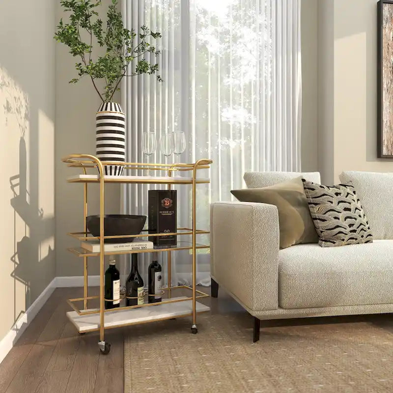 Marble Rolling 1 Glass and 2 Marble Shelves Bar Cart with Handles - Gold - Roche River Decor