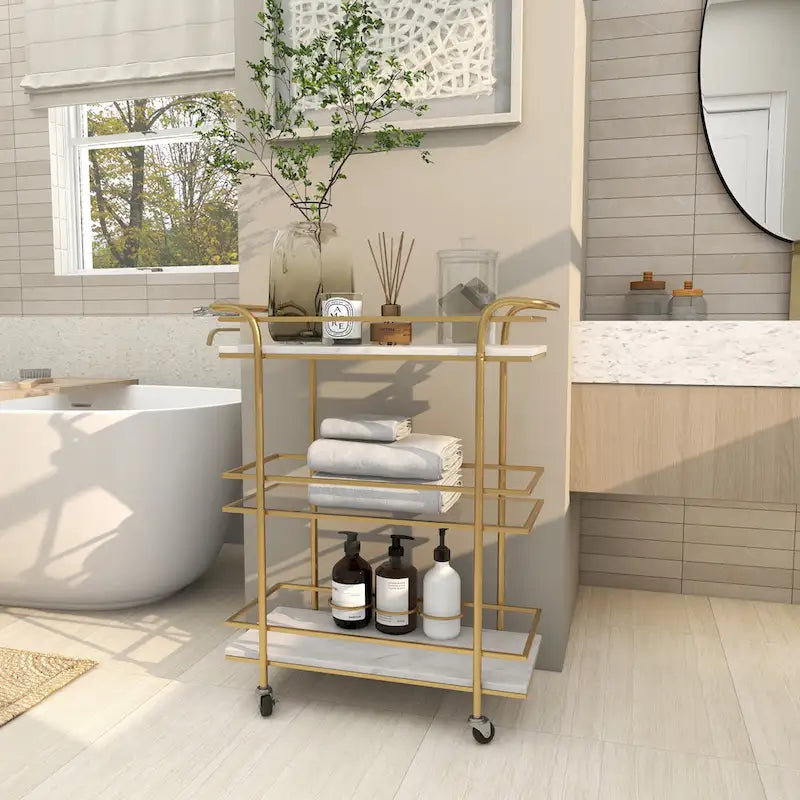 Marble Rolling 1 Glass and 2 Marble Shelves Bar Cart with Handles - Gold - Roche River Decor