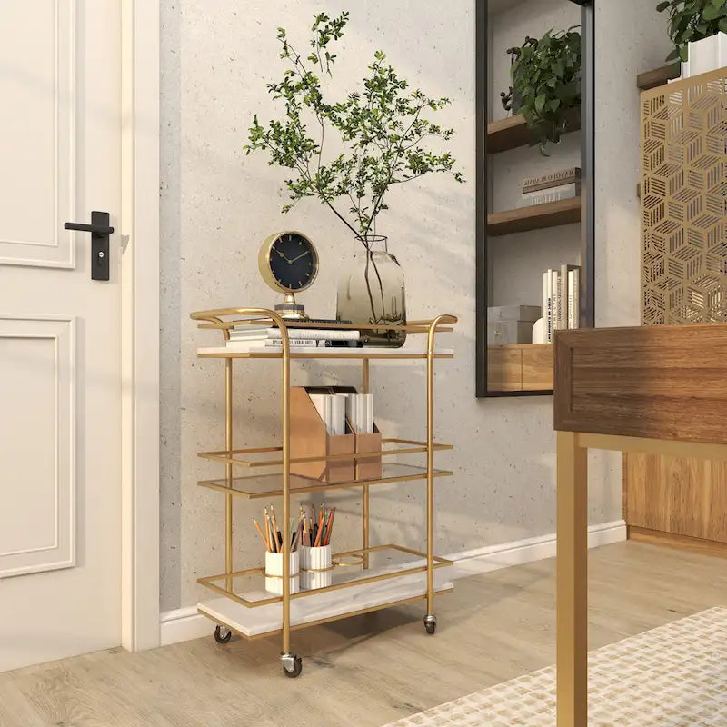 Marble Rolling 1 Glass and 2 Marble Shelves Bar Cart with Handles - Gold - Roche River Decor