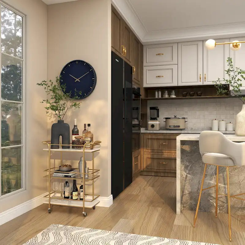 Marble Rolling 1 Glass and 2 Marble Shelves Bar Cart with Handles - Gold - Roche River Decor