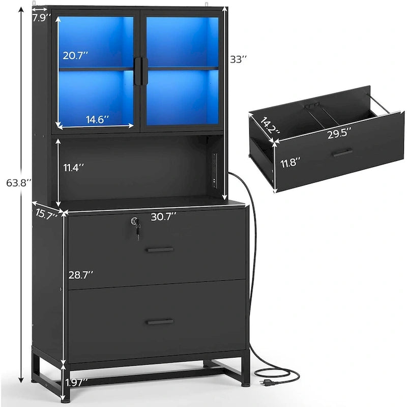 2 Drawer File Cabinet Lock & Charging Station Storage Shelf