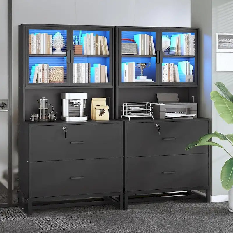 2 Drawer File Cabinet Lock & Charging Station Storage Shelf