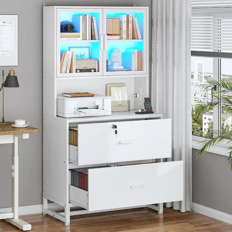 2 Drawer File Cabinet Lock & Charging Station Storage Shelf