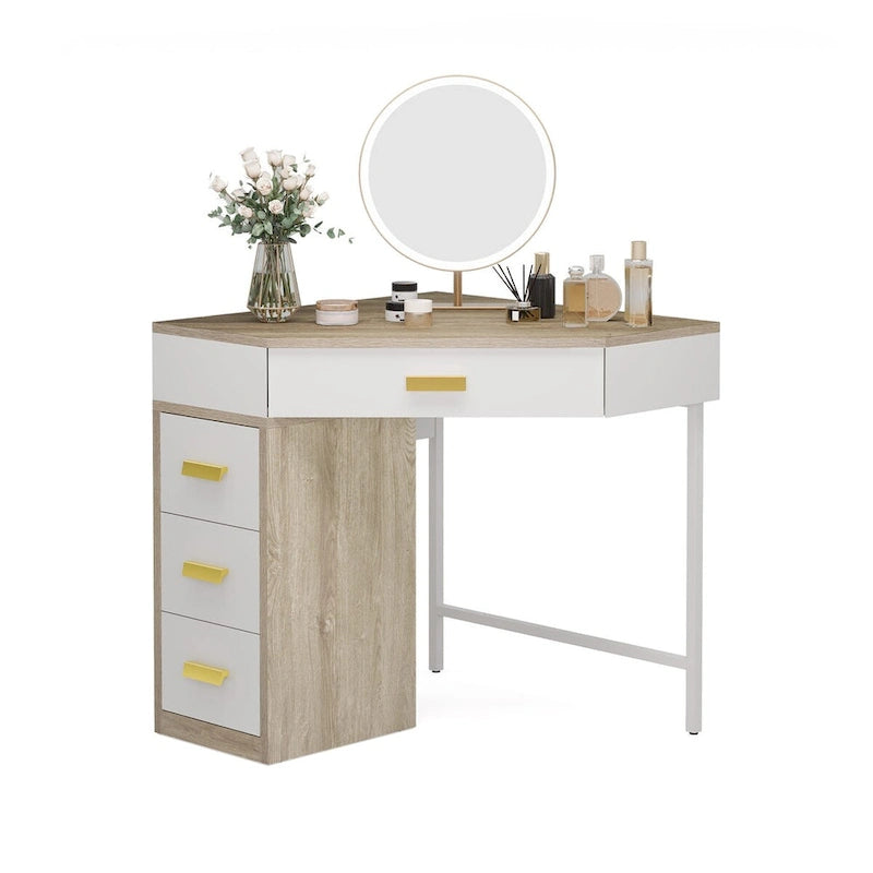 Wood/ Metal Corner Vanity Desk Small Dressing Table with 4 Drawers - N/A