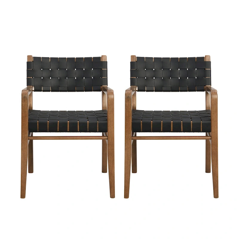 Prosen Morden Woven Leather Rubberwood Dining Chairs With Arms (Set of 2) by Christopher Knight Home