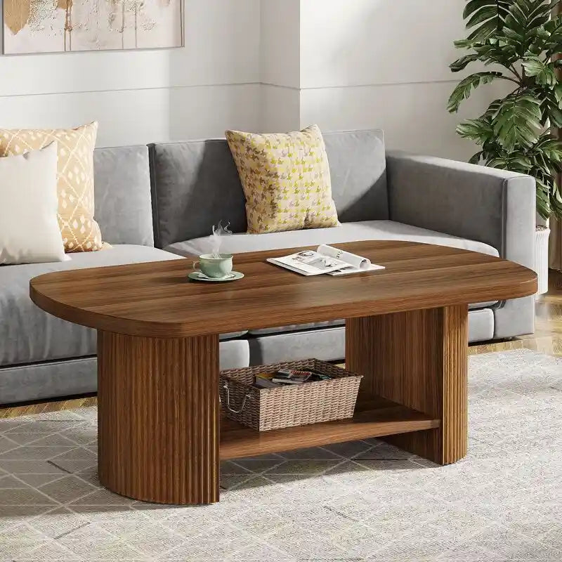 45.2 Inch Wood Coffee Table, Center Table with 2 Tier Shelves