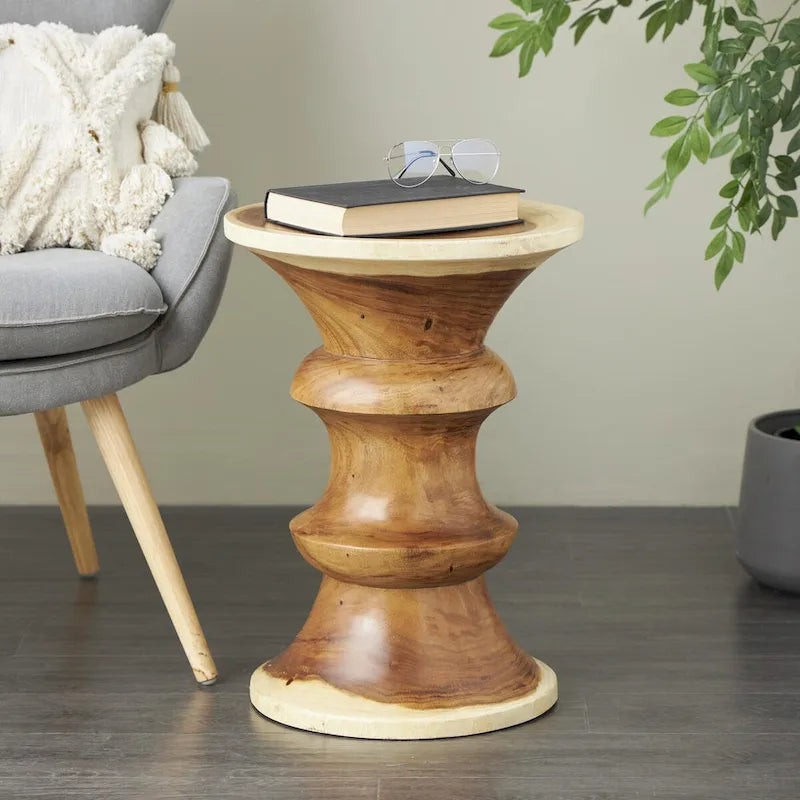 Wood Geometric Handmade Side End Accent Table - Brown - Roche River Decor