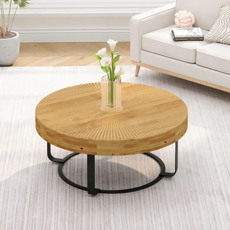 Modern Round Wooden Carving Pattern Coffee Table