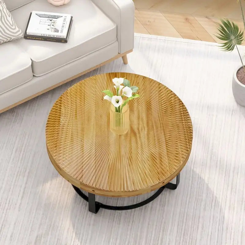 Modern Round Wooden Carving Pattern Coffee Table
