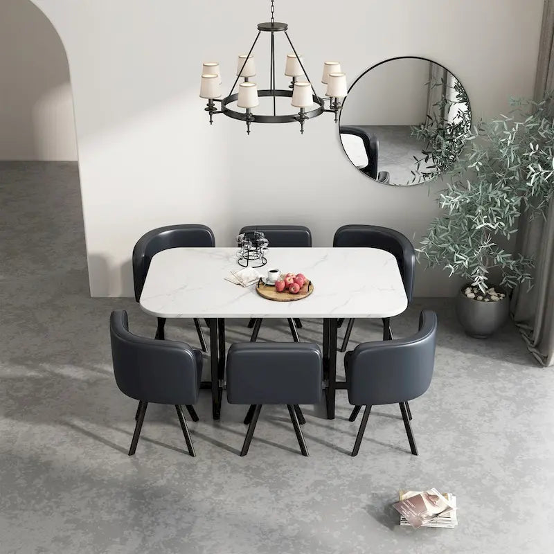 Modern 7 Pieces Dining Table Set, Rectangle Dining Table with 6 Chairs for Dining Room, Kitchen