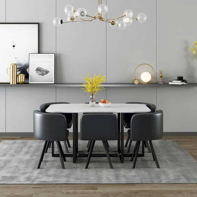 Modern 7 Pieces Dining Table Set, Rectangle Dining Table with 6 Chairs for Dining Room, Kitchen