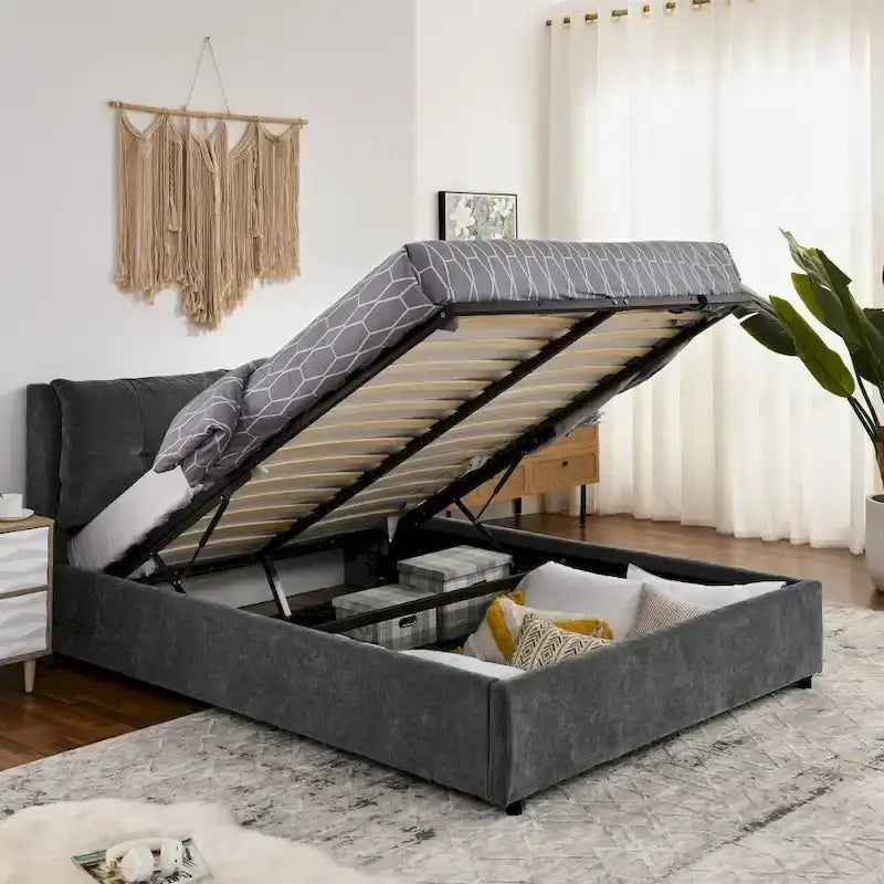 Queen/King Size Storage Upholstered Platform Bed with Headboard