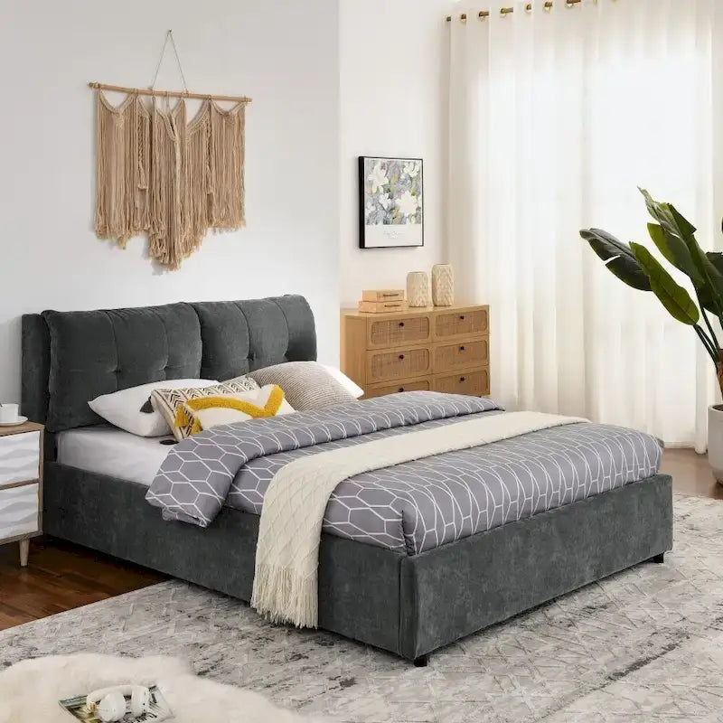 Queen/King Size Storage Upholstered Platform Bed with Headboard