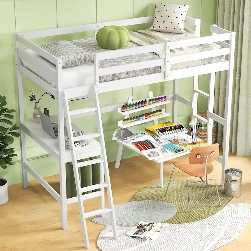 Costway Twin Size Loft Bed w/ Desk & Shelf 2 Ladders & Guard Rail for