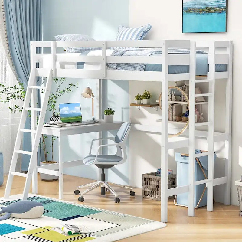 Costway Twin Size Loft Bed w/ Desk & Shelf 2 Ladders & Guard Rail for