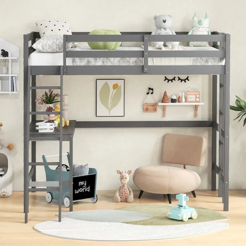 Costway Twin Size Loft Bed w/ Desk & Shelf 2 Ladders & Guard Rail for