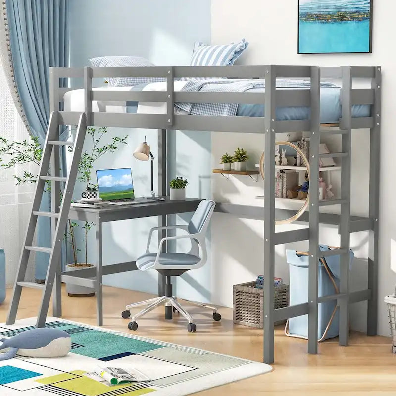 Costway Twin Size Loft Bed w/ Desk & Shelf 2 Ladders & Guard Rail for