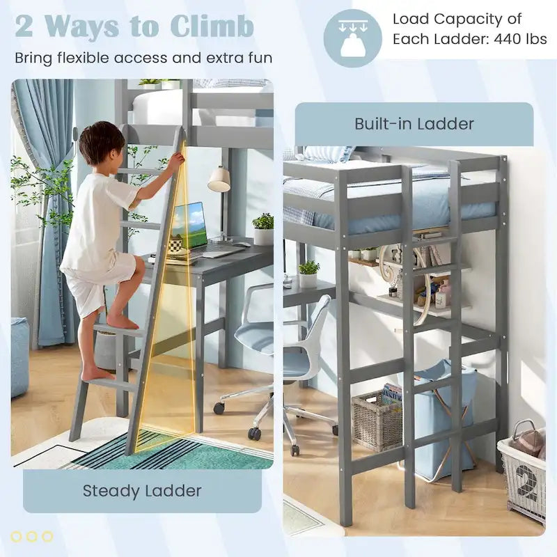 Costway Twin Size Loft Bed w/ Desk & Shelf 2 Ladders & Guard Rail for