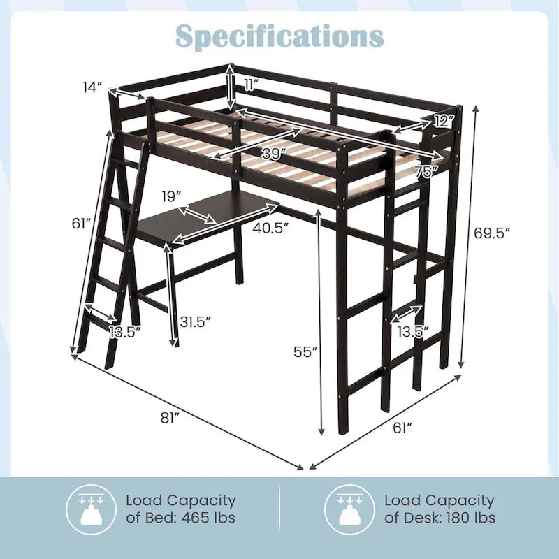 Costway Twin Size Loft Bed w/ Desk & Shelf 2 Ladders & Guard Rail for