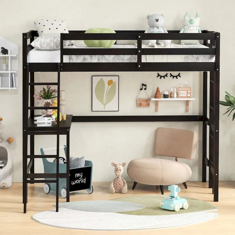 Costway Twin Size Loft Bed w/ Desk & Shelf 2 Ladders & Guard Rail for