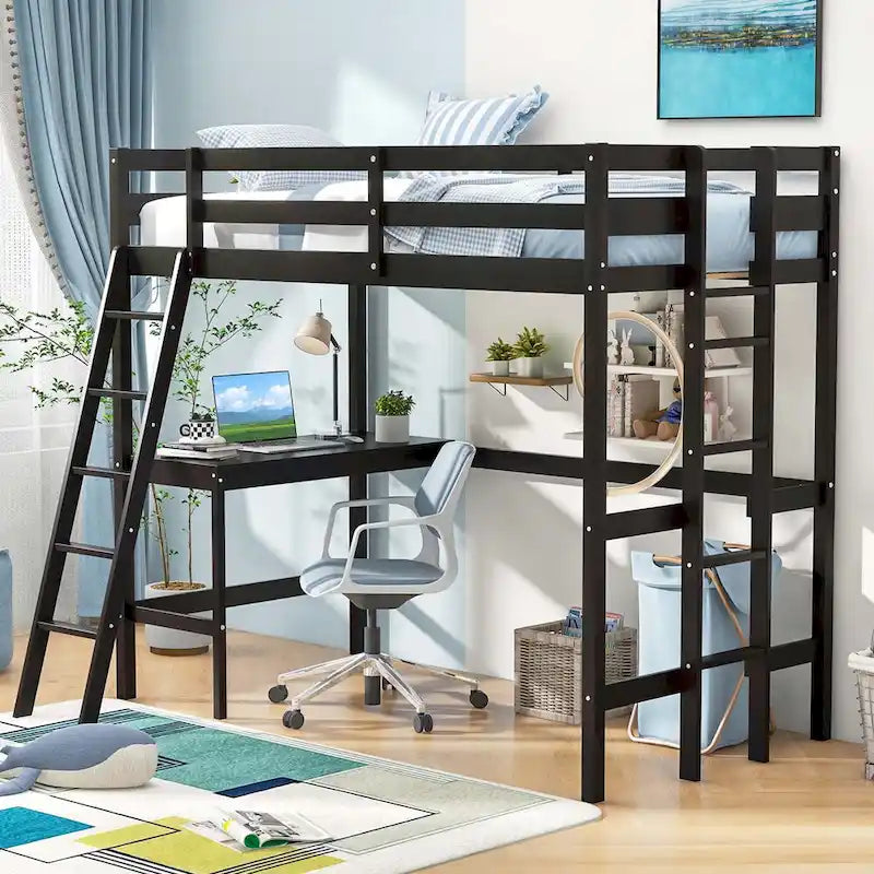 Costway Twin Size Loft Bed w/ Desk & Shelf 2 Ladders & Guard Rail for