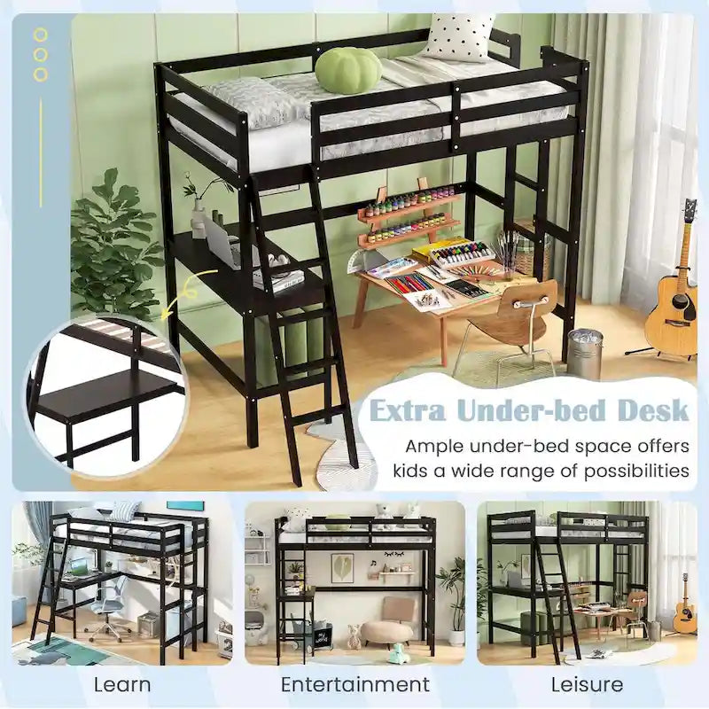 Costway Twin Size Loft Bed w/ Desk & Shelf 2 Ladders & Guard Rail for