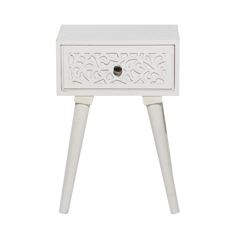 Mango Wood Scroll Intricately Carved Single Drawer Side End Accent Table - White - Roche River Decor