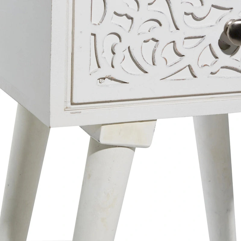 Mango Wood Scroll Intricately Carved Single Drawer Side End Accent Table - White - Roche River Decor