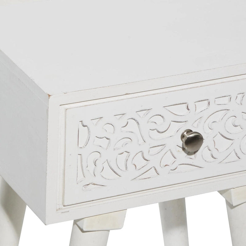 Mango Wood Scroll Intricately Carved Single Drawer Side End Accent Table - White - Roche River Decor