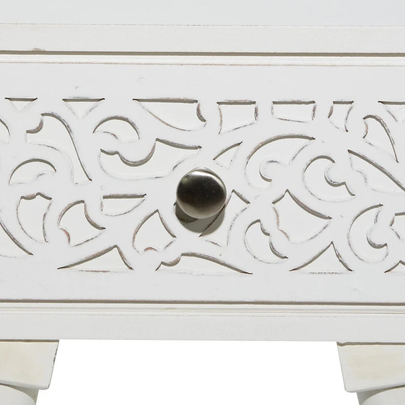 Mango Wood Scroll Intricately Carved Single Drawer Side End Accent Table - White - Roche River Decor