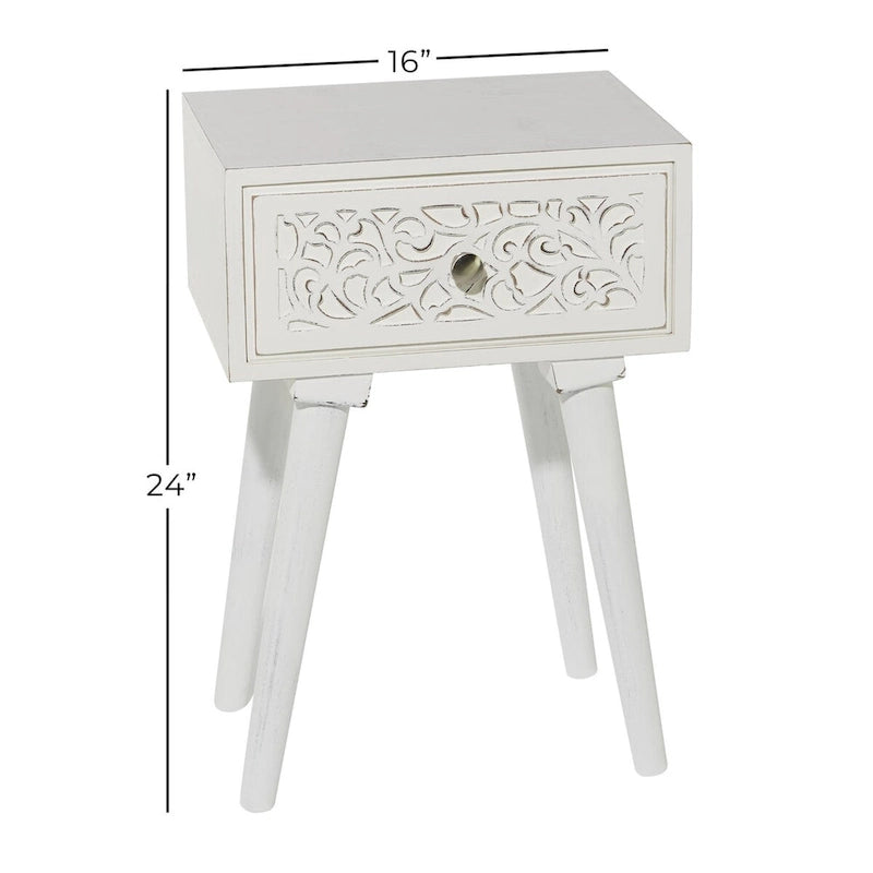 Mango Wood Scroll Intricately Carved Single Drawer Side End Accent Table - White - Roche River Decor
