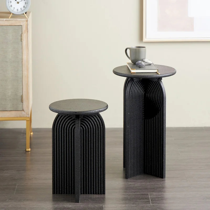 Wood Geometric Sandstone Carved Art Deco Arched Pedestal Side End Accent Table - Set of 2 Black - Roche River Decor