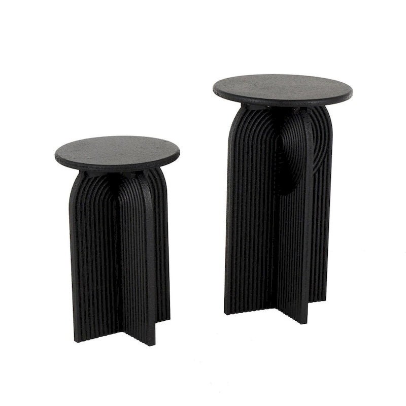 Wood Geometric Sandstone Carved Art Deco Arched Pedestal Side End Accent Table - Set of 2 Black - Roche River Decor