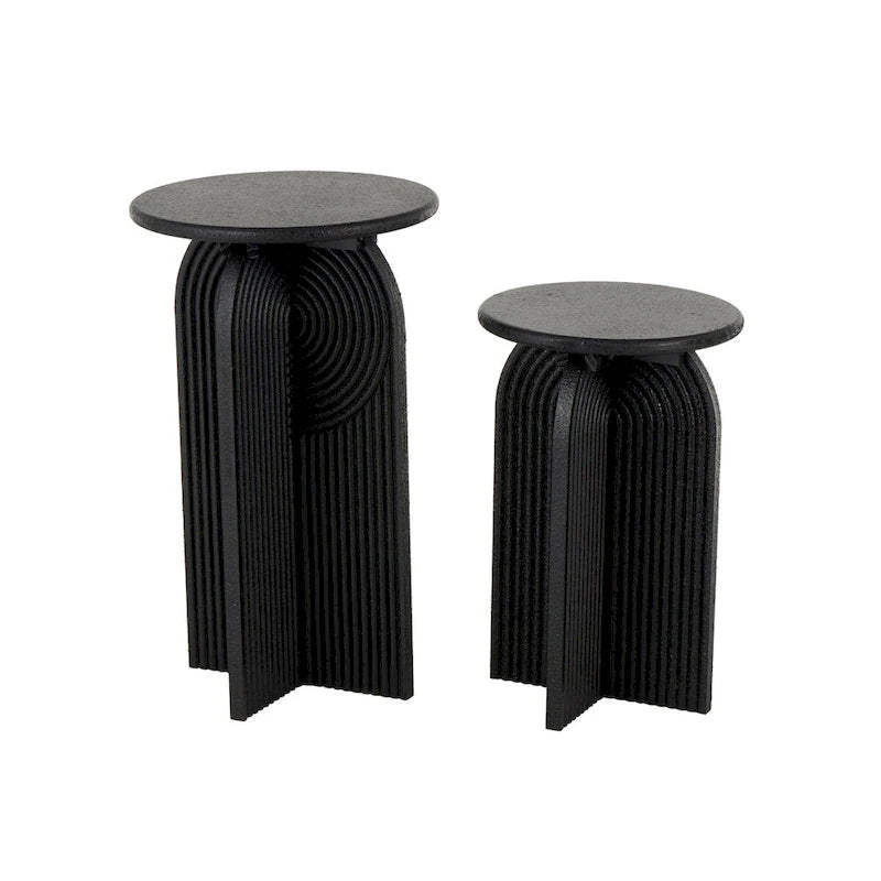 Wood Geometric Sandstone Carved Art Deco Arched Pedestal Side End Accent Table - Set of 2 Black - Roche River Decor