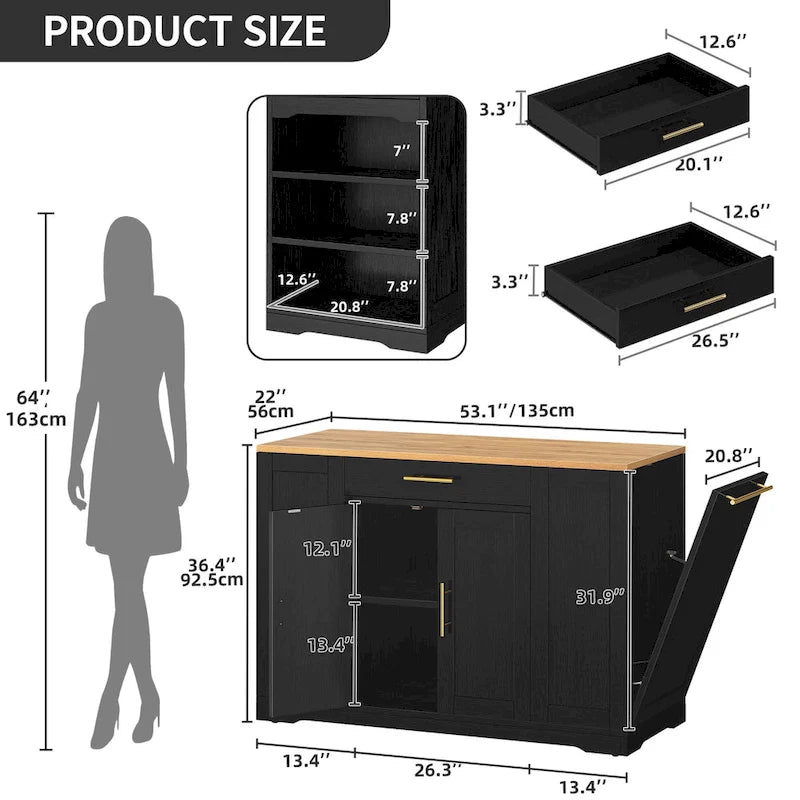 53-inch Rolling Kitchen Island Portable Mobile Kitchen Cart